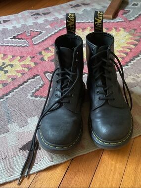 Dr. Martens Black Leather 8-Eye Boots with Yellow Stitching